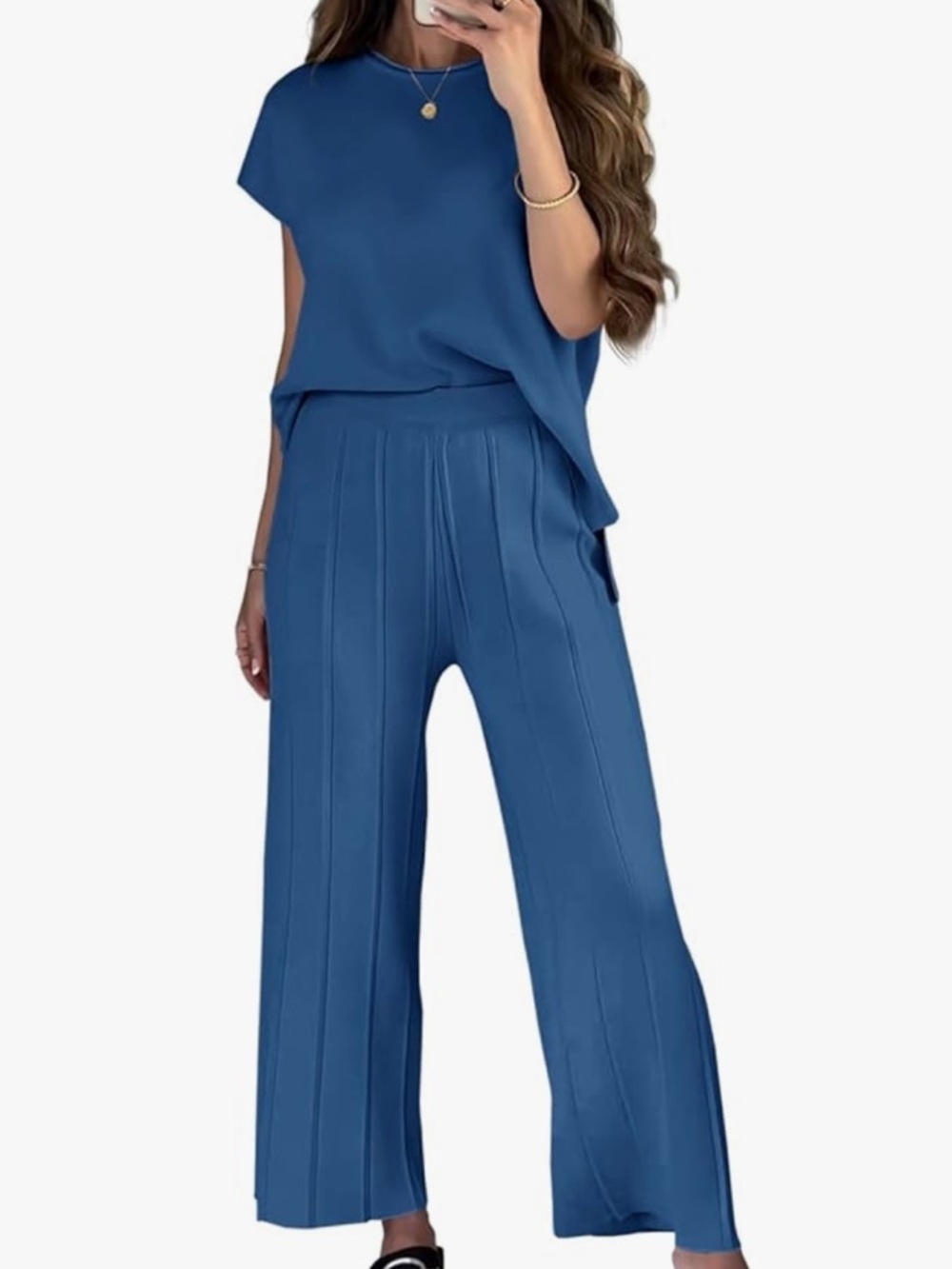 Bright Blue Knit Top and Wide-Leg Pants Set
